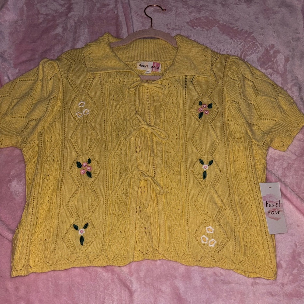 Hazel Moon yellow knit cardigan with floral embroidery